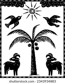 Northeastern scenery with coconut tree, goats and birds. Woodcut and cordel literature