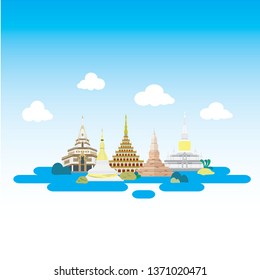 Northeastern temple of Thailand flat design with blue sky background illustration, vector