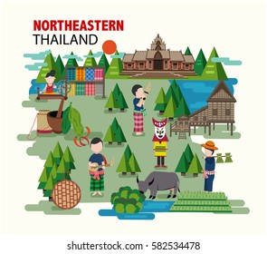 Northeastern Thailand called Isan region with their culture and identity in flat style, illustration, vector