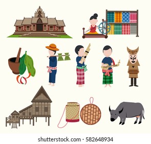 The Northeastern Thailand travel elements in flat style isolated on white background, illustration, vector