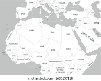 Northern Africa map - white lands and grey water. High detailed political map of northern african rgion with country, capital, ocean and sea names labeling.