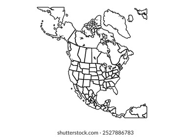 Northern America vector map contour silhouette illustration isolated on white background. United states of America, Canada, Mexico, Cuba, Bahamas, Caribbean sea territory.