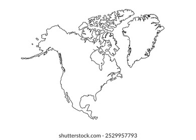 Northern America vector map contour silhouette illustration isolated on white background. line art vector illustration, line drawing map.