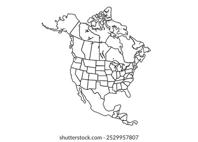 Northern America vector map contour silhouette illustration isolated on white background. United states of America, Canada, Mexico.line art vector illustration, line drawing map.