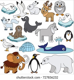 Northern animals elements set, collection of coloring book template, the group of outline digital elements vector illustration, kid educational game page.