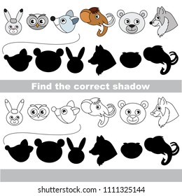 Northern animals head set to find the correct shadow, the matching educational kid game to compare and connect objects and their true shadows, simple gaming level for preschool kids.