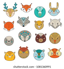 ?ollection of northern animals muzzle painted in Scandinavian style. Vector faces of animals isolated on white background, design of products for children.