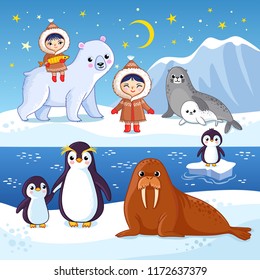 Northern Animals On Ice. Cute Vector Illustration With Arctic Animals.