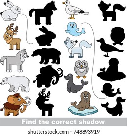 Northern Animals set to find the correct shadow, the matching educational kid game to compare and connect objects and their true shadows, simple gaming level for preschool kids.