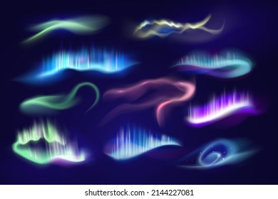 Northern aurora. Arctic isolated polar light set. Vector transparent background electric nordic galaxy gradient