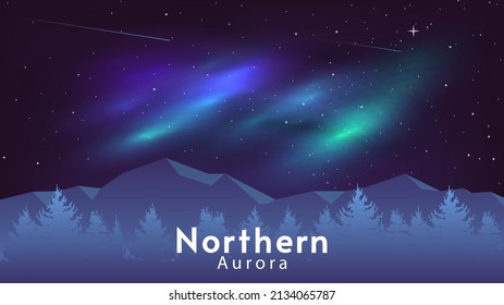Northern aurora landscape. Flat style. Vector illustration. Dark mountains with forest, starry sky. Design for wallpaper, background, tourist card.