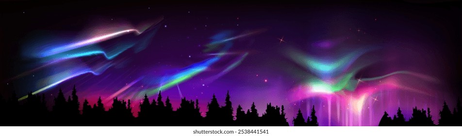 Northern aurora light. Green borealis in night sky. Arctic polar gradient on north pole. Abstract finland bg with boreal landscape backdrop. Black tree design in fjord to travel illustration