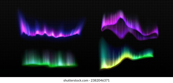 Northern aurora light and night polar borealis vector. Isolated transparent boreal with green and purple shine graphic overlay texture set. Lapland realistic gradient illustration with neon reflection