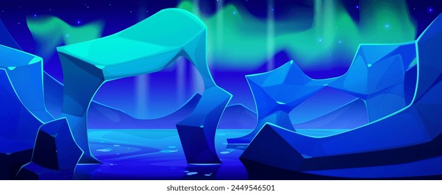 Northern aurora light. Night polar arctic borealis vector landscape. North winter and iceberg glacier abstract cartoon background. Ice arch in sea environment of Lofoten. Starry sky on fjord scene