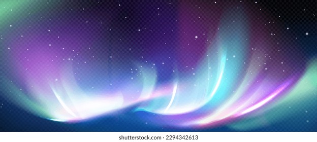 Northern aurora light in polar sky at night vector. Abstract realistic borealis illustration in green, blue and pink color. Mystery lapland phenomenon glow with gradient for romantic backdrop