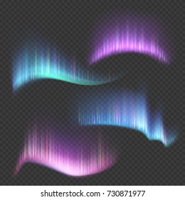 Northern aurora lights strips isolated on transparent background. Northern aurora borealis bright colorful in sky, vector illustration