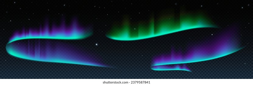 Northern aurora, polar borealis light sky vector isolated on transparent background. Green, blue and purple abstract gradient for astronomy night overlay texture. Nordic luminescence reflection