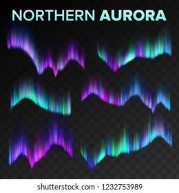 Northern Aurora Set Vector. Polar Sky Night Shiny Magical Phenomenon. Black Transparent Background. Abstract Aurora Borealis North Mystery Atmosphere Lights. Realistic Illustration
