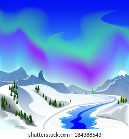 Northern aurora. Winter landscape in the mountains. The mountains in winter. Vector illustration