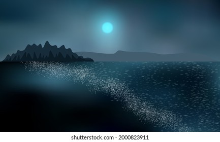 Northern beach with volcanic sand.Mountains covered with snow. Dark polar night, shining Moon. Cold waters wash the shore.