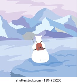 Northern bear on a fishing trip on the shore of an ice river