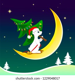 A northern bear in a Santa hat with bells in a paw carries a dressed Christmas tree on the moon in the middle of the night sky, and below are snowy Christmas trees and slopes
