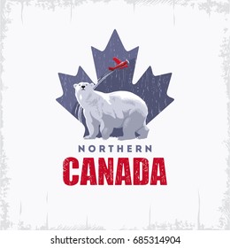 Northern Canada, emblem, polar bear, plane, vintage, illustration, vector