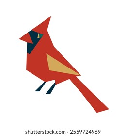 Northern cardinal bird in flat style. Red Christmas bird. Stylized and geometric shape isolated on white. Cut out of paper bird. Vector illustration.