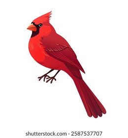 Northern cardinal bird. Red cardinal in a sitting position. Realistic colorful vector illustration isolated on a white background.