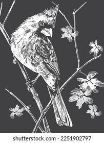 Northern cardinal bird sits on a twig. Black and white linocut. Hand drawn vector illustration