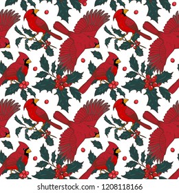 Northern cardinal, birds of the Finch family, and Holly branches, seamless vector illustration