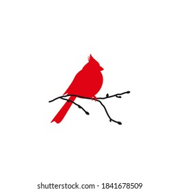 Northern cardinal and black branch. Redbird Christmas card. bird silhouette isolated on white background. Vector illustration. Winter holidays clipart.