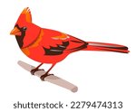 Northern Cardinal. A red bird is sitting on a branch. Cartoon vector illustration on a white background
