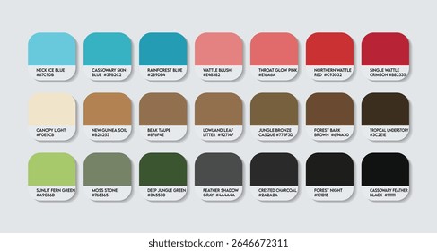 Paleta de cores do casuar do norte. Casuarius unappendiculatus cor Tom Swatch Chart com códigos HEX e nomes de cores. Espetacular pescoço azul e penas de pele e cores do corpo tons variantes paleta de cores