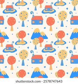 Northern cottages in a seamless pattern, bright landscape background with houses, trees, mountains. Hand-drawn cartoon-style design for printing, wallpaper, children's clothing, and covers. Vector