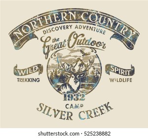 Northern country the great outdoor, vector  artwork for boy t shirt grunge effect in separate layer