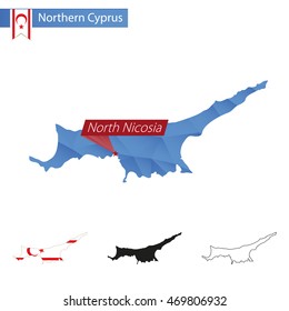 Northern Cyprus blue Low Poly map with capital North Nicosia, versions with flag, black and outline. Vector Illustration.