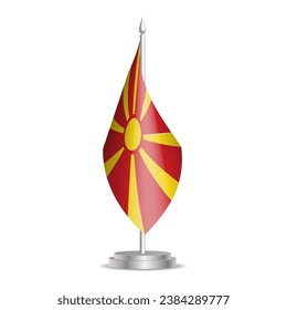 Nordzypern-Flagge - 3D-Mini-Flagge, die auf dem Desktop-Fahnenmast hängt. Für die Konferenz- oder Gipfelvorstellung geeignet. Vektorgrafik mit Schatten.