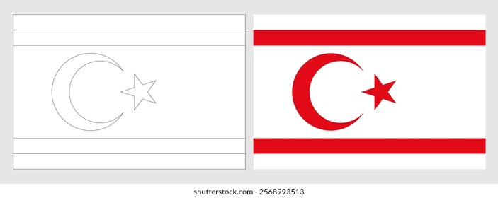 Northern Cyprus flag - coloring page. Set of white wireframe thin black outline flag and original colored flag.