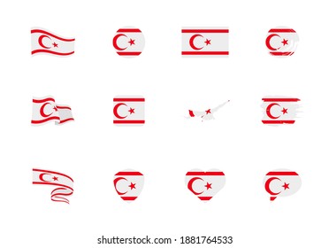 Northern Cyprus flag - flat collection. Flags of different shaped twelve flat icons. Vector illustration set