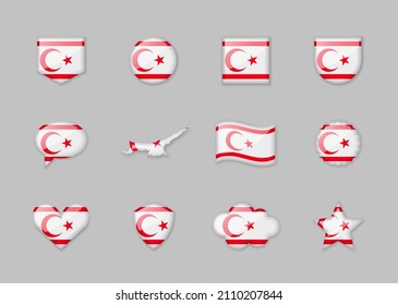 Northern Cyprus - set of shiny flags of different shapes. Vector illustration