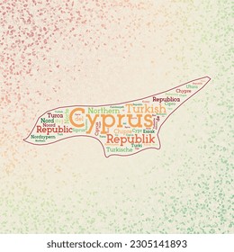 Northern Cyprus shape with country names word cloud in multiple languages. Northern Cyprus border map on awesome triangles scattered around. Elegant vector illustration.