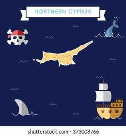 Northern Cyprus treasure map in flat design. Colorful cartoon treasure map of Northern Cyprus with flat design icons of pirate ship and jolly roger. Northern Cyprus flat design vector illustration.