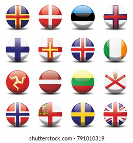 Northern Europe country national circle button flags background texture. Vector illustration.