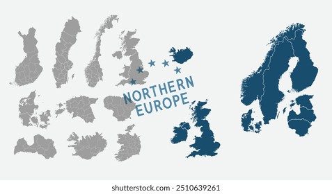 Nordeuropakarte. Finnland, Norwegen, Schweden, England, Dänemark Karten mit Regionen. Europakarte einzeln auf weißem Hintergrund. Sehr detailliert. Vektorgrafik	