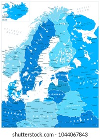 Northern Europe Map In Five Shades Of Blue. Highly Detailed Vector Illustration.