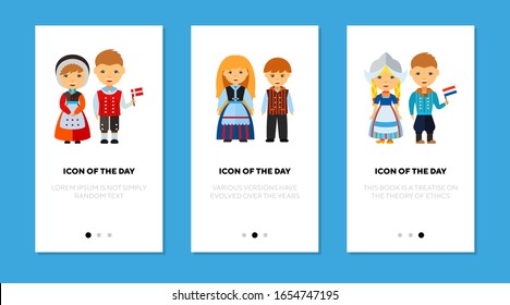 Northern Europe national costumes flat icon set. Danish, Finnish, Dutch isolated vector sign pack. Clothes and tradition concept. Vector illustration symbol elements for web design and apps