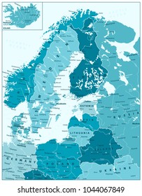 Northern Europe Political Map In Aqua Blue Colors. Highly detailed vector illustration.