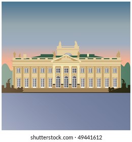 Northern facade of the Lazienki Royal Palace in Warsaw. Vector color illustration.