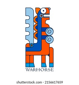 Northern fantasy warhorse. Winged horse in a blue blanket and with a metal breastplate. Viking war animal. Blue-orange flat palette